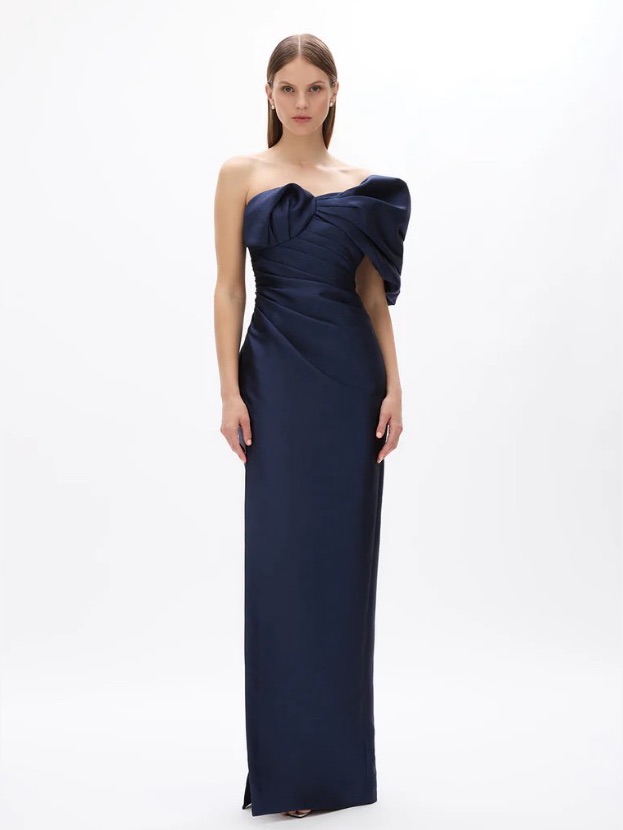 Rachel Gilbert Marlo Navy Off-The-Shoulder Wool & Silk Strapless Column Gown